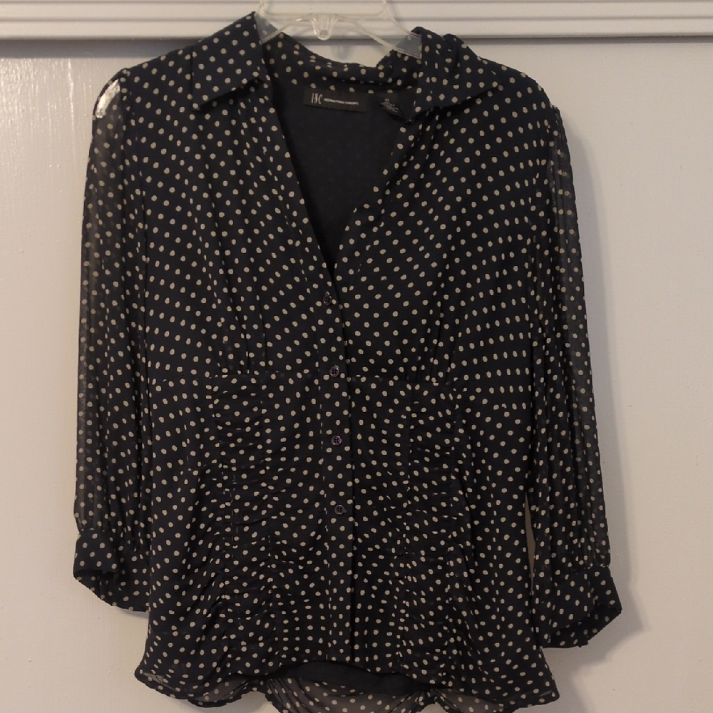 INC Black With Tan olka Dot Blouse 100% Silk Size 10